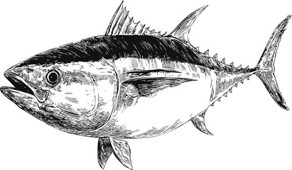 Poster - Black and white illustration of a tuna fish with detailed anatomy drawing. Vector illustration