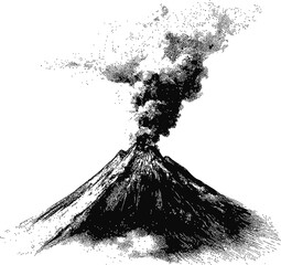 Poster - Black and white sketch of a volcano erupting with ash clouds, nature illustration. Vector illustration