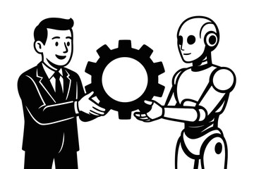 Poster - Businessman and Robot Holding Gear Vector Illustration. Human-AI collaboration, technological synergy, automation partnership, and business process innovation depicted in black and white.