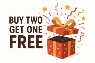 buy two get one free sale vector illustration. exploding red gift box with confetti and stars, perfe