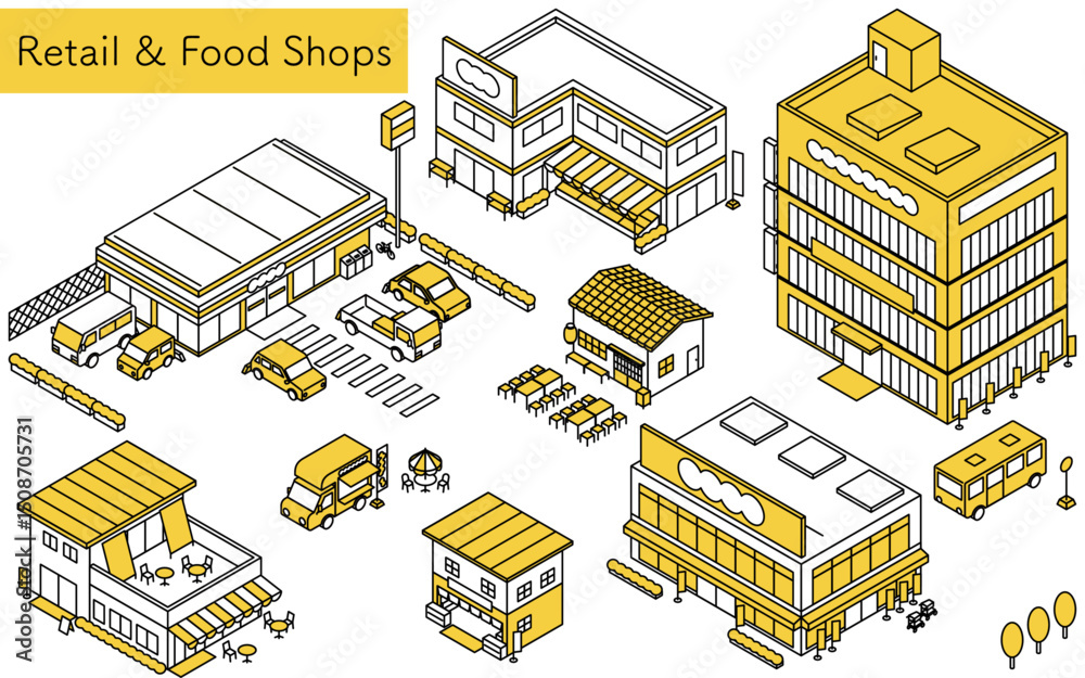 コンビニやスーパーなど店舗外観セット、シンプルな線画のアイソメトリックイラスト