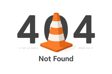 Poster - Vector illustration of a 404 error page not found message. Featuring large numbers and a traffic cone symbolising a website problem or site under construction on a white background.
