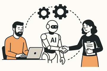 Poster - Modern flat line art vector showing human-AI partnership. Businesswoman shakes hands with robot assistant as man uses laptop, illustrating future workflow, tech integration, and collaboration.