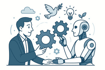 Poster - Blue line art vector of human and robot collaboration, businessman shaking hands with AI, holding cogs, symbols of innovation, peace, sustainability, illustrating future partnership.