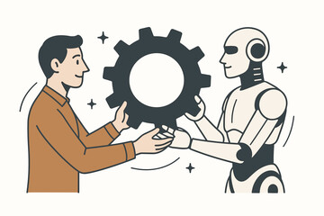 Poster - Futuristic Partnership: Smiling man and friendly android robot working together, holding a large cogwheel, representing technological advancement, AI integration, and collaborative problem solving.