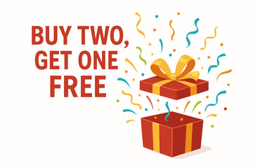 Wall Mural - Buy Two Get One Free Sale Promotion Vector Illustration with Open Red Gift Box and Confetti Explosion. Ideal for Retail Advertisements, Shopping Discount Offers, and Marketing Banners.