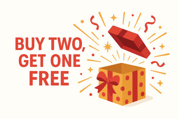 Wall Mural - Buy Two Get One Free special offer vector illustration with exploding surprise gift box for retail promotion, marketing campaign, discount announcement, and sales advertising material.