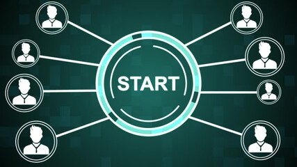 Businessman presses button start on virtual electronic user interface