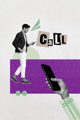 Poster - Creative art collage of person stand use cellphone near phrase call with telephone on grey background