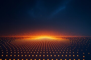 Poster - Glowing orange digital light grid landscape on dark blue background with futuristic horizon and abstract tech energy concept scene.