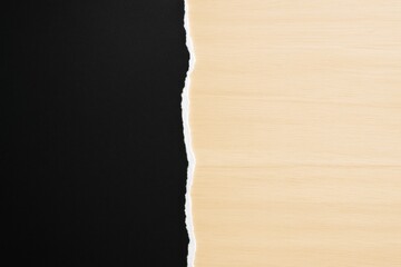 Poster - Torn paper edge separating black and light wood textured background in minimal abstract graphic composition.