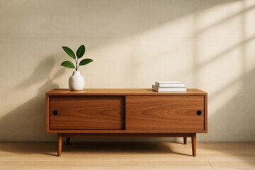 Poster - Minimalist wooden sideboard with white vase and books casting soft shadows on beige wall background in natural warm light concept graphic style.