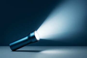Aufkleber - Flashlight shining bright beam of light on surface in dark room with smooth blue background, photorealistic concept of illumination and clarity.