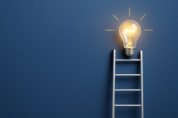 Poster - Glowing light bulb at the top of a metallic ladder on blue background symbolizing creativity, innovation, and success concept.