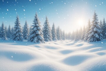 Poster - Magical snowy winter landscape with pine trees and soft sunlight in serene forest background with falling snowflakes and dreamy light atmosphere.