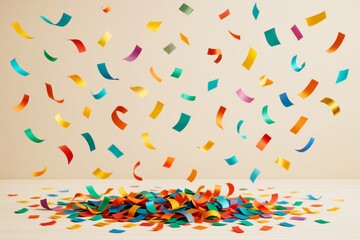 Poster - Colorful confetti falling and scattered on light wooden surface with abstract festive background. Ai generative.
