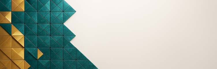 Poster - Geometric abstract background with teal and gold triangle tiles on left side and clean beige copy space on right for design template or poster use.