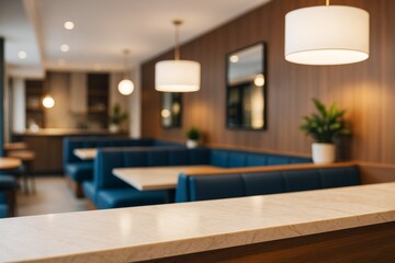 Poster - Modern cafe interior with marble counter and cozy blue booths in warm ambient lighting and blurred background. Ai generative.