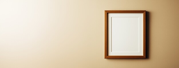 Poster - Wooden frame on beige wall with blank white poster for mockup or advertising template design and promotion concept with copy space background.