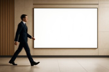 Poster - Businessman walking past large blank billboard in modern interior with clean wall background and light for advertising or branding mockup concept.