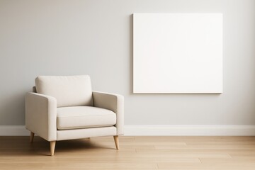 Poster - Minimalist interior with beige armchair and blank canvas on light wall for modern design, branding, or creative advertising mockup template concept.
