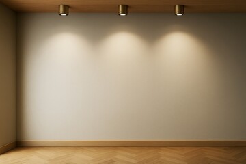 Poster - Empty beige wall with ceiling spotlights and wooden floor in modern interior room, ideal for poster mockup, branding or creative design template.