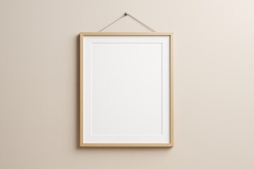 Poster - Minimal wooden frame hanging on light beige wall with blank white poster inside for mockup or branding design concept and advertising template.