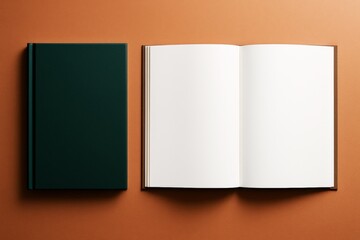 Poster - Blank hardcover book and open notebook on brown background for mockup, branding, advertising or creative design template presentation.