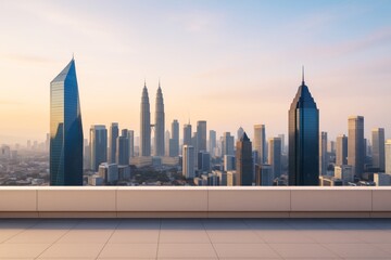 Poster - Rooftop terrace with modern city skyline at sunrise, featuring tall glass skyscrapers and soft light in clean urban background for copy space mockup.