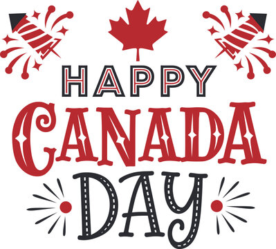 Happy Canada day celebration, lettering with red maple leaf. vector illustration
