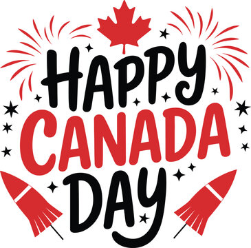Happy Canada day celebration, lettering with red maple leaf. vector illustration