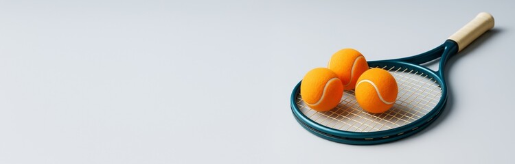 Poster - Tennis racket with three orange balls placed on strings over light background with copyspace for sports hobby or fitness concept design template mockup.