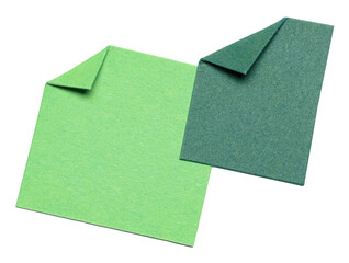Poster - Two green overlapping isolated cut out blank paper notes cardboard with folded corner dog-ear earmark and copy space for text, transparent png background design element