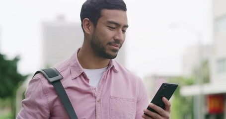 Fototapete - Phone, search and reading with man in city for ehailing service, taxi cab app and communication. Location, networking and rider request with person and mobile waiting for transport tracking