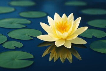 Poster - Yellow lotus flower floating on dark water with green lily pads and soft light reflection, creative peaceful nature background concept scene.