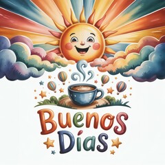 Poster - Cheerful Morning Scene with Sunrise, Coffee, and Colorful Hot Air Balloons Saying Buenos Días.