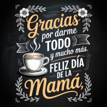 Chalkboard Style Mothers Day Typography with Coffee Cup Illustration and Floral Elements.