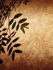 Poster - Close-up of delicate green leaves casting intricate shadows on a textured, cracked earth background