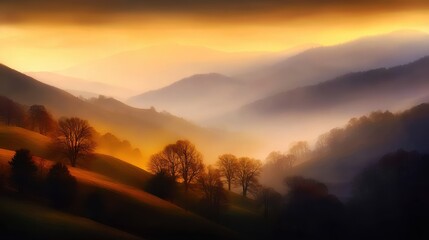 Wall Mural - serene sunset over rolling hills with silhouetted trees and misty valleys in the background
