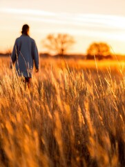 Wall Mural - person walking through golden grass at sunset, serene landscape with trees in the background