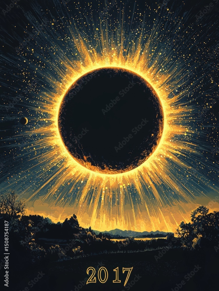 On a clear night sky, a total solar eclipse occurs, showcasing a dark moon silhouetted against a glowing corona. Stars shimmer amidst the bright rays, creating a stunning celestial display in 2017.
