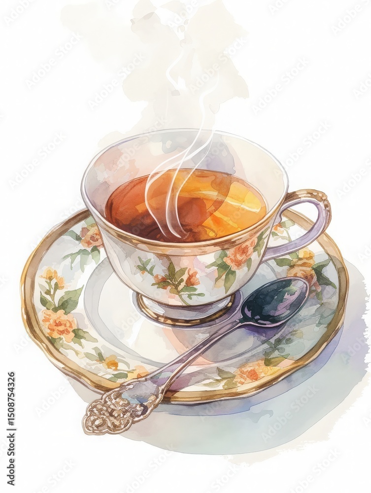Delicate china cup sits on a matching saucer, filled with hot tea that releases steam. A silver spoon rests beside, enhancing the sophisticated presentation of the warm beverage.