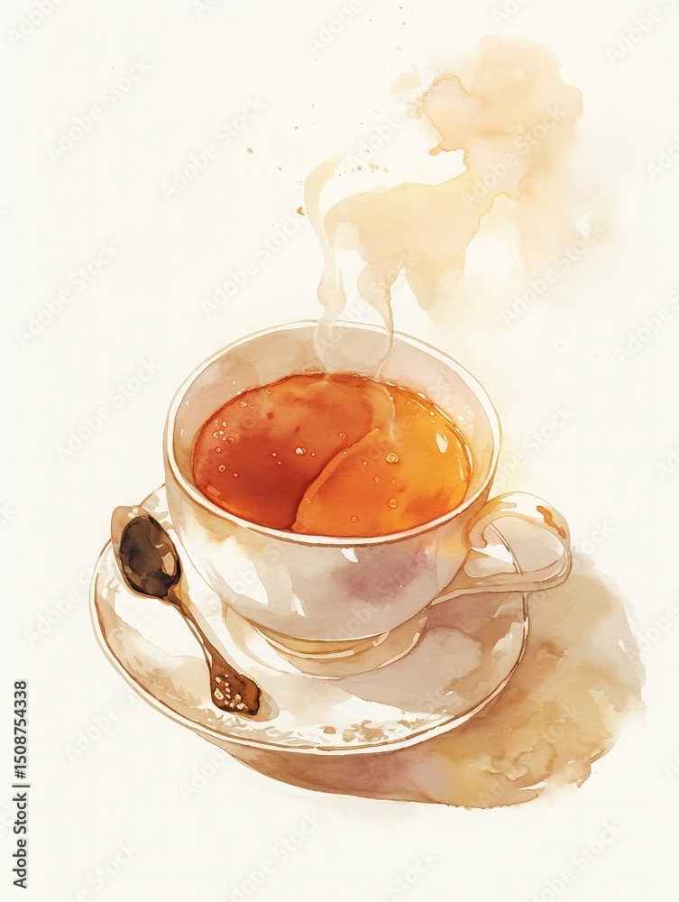 A delicate cup filled with steaming tea sits on a pristine white saucer. Wisps of steam rise gracefully from the surface, hinting at the warmth of the beverage. A shiny spoon rests beside it.
