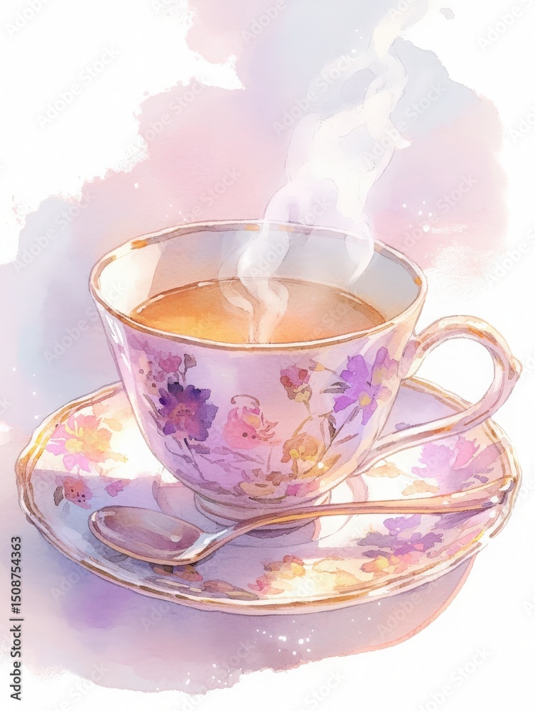 A delicate teacup adorned with colorful floral patterns sits on a saucer. Steam escapes from the hot beverage inside, creating a cozy and inviting atmosphere perfect for a serene afternoon break.