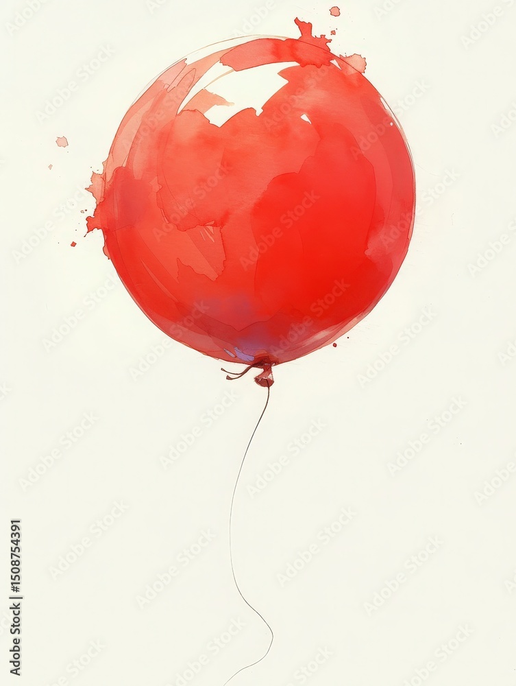 A vibrant red balloon hovers in the air with a slender string dangling below it. The soft watercolor style creates an artistic and playful atmosphere, evoking feelings of childhood joy.