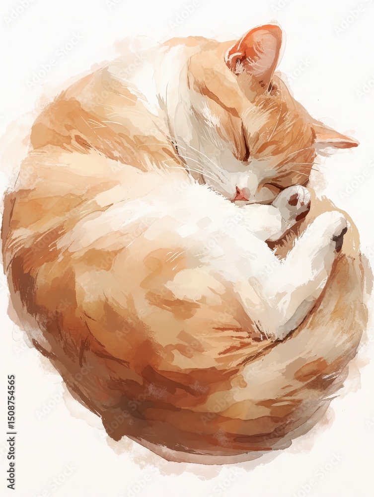 A fluffy orange cat sleeps peacefully in a curled position, showcasing its white belly and paws. The warm colors and relaxed posture create a serene atmosphere.