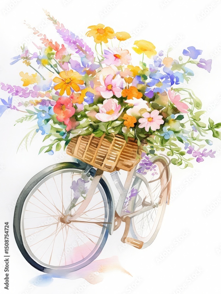 A vintage bicycle stands upright with a woven basket overflowing with vibrant flowers. The scene captures the essence of spring, with its lively colors and joyful atmosphere.
