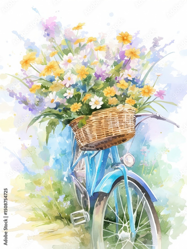 A charming blue bicycle with a woven basket overflows with an array of vibrant spring flowers. The scene captures the essence of natures beauty, illuminated by soft, sunny light.