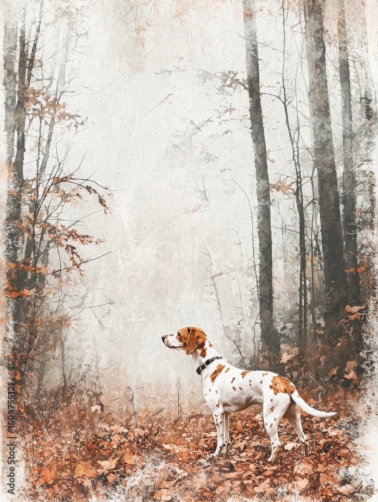 A dog stands alert in a foggy forest, surrounded by trees and scattered autumn leaves. The atmosphere is serene, evoking a sense of tranquility and connection with nature.