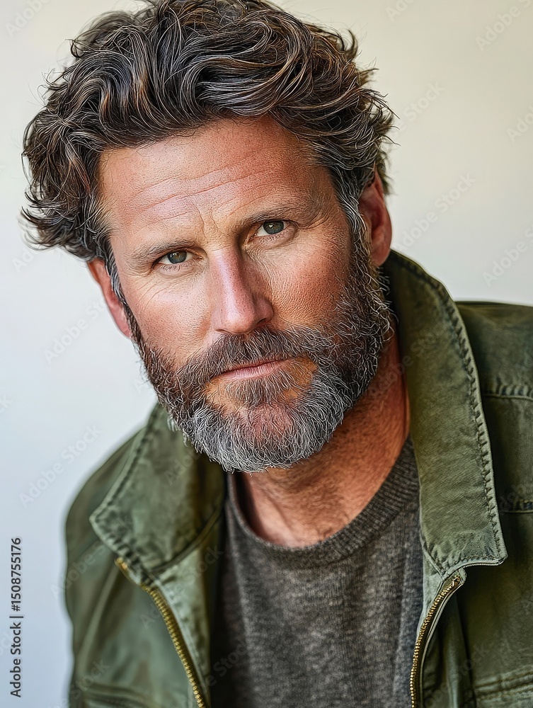 A man with curly hair and a full beard gazes thoughtfully at the camera, wearing a green jacket over a gray shirt. His expression conveys confidence and warmth against a neutral background.